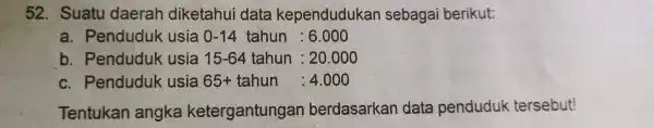 52 . Suatu daerah diketahui data kependudukan sebagai berikut: a . Penduduk usia 0-14 tahun : 6.000 b . Penduduk usia 15-64 tahun :