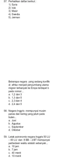 57. Perhatikan daftar berikut: 1) Syria 2) Irak 3) Mesir 4) Swedia 5) Jerman Beberapa negara yang sedang konflik di afrika menjadi penyumbang utama