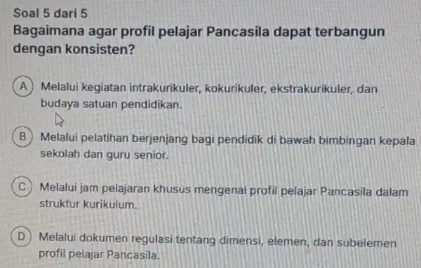 5 Bagaimana agar profil pelajar Pancasila dapat terbangun dengan konsisten? A Melalui kegiatan intrakurikuler kokurikuler ekstrakurikuler, dan budaya satuan pendidikan. B Melalui pelatihan berjenjang