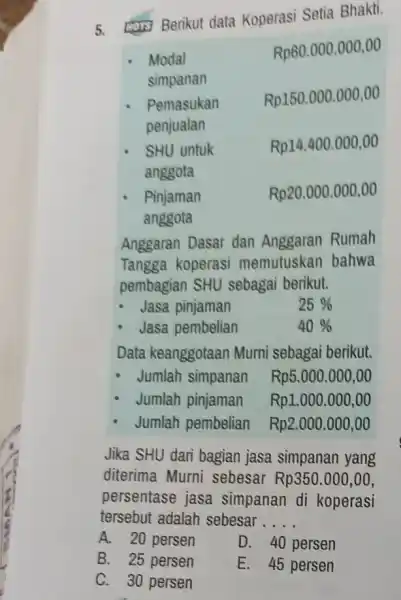 5. Din Berikut data Koperasi Setia Bhakti. Modal simpanan Rp60.000.000,00 Pemasukan penjualan Rp150.000.000,00 SHU untuk anggota Rp14.400.000,00 Pinjaman anggota Rp20.000.000,00 Anggaran Dasar dan Anggaran