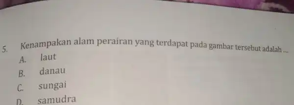 5.Kenampakan alam perairan yang terdapat pada gambar tersebut adalah __ A. laut B. danau C. sungai D. samudra