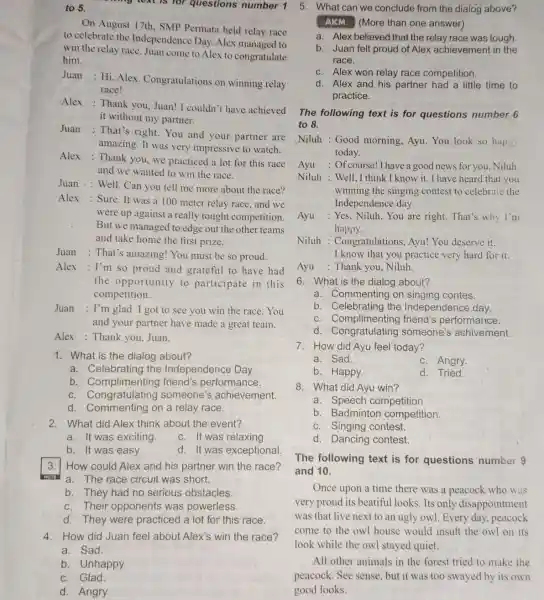 to 5. y lext is for questions number 1 On August 17th, SMP Permata held relay race to celebrate the Independence Day.Alex managed to
