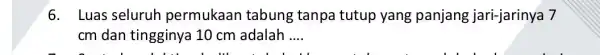 6. Luas seluruh permukaan tabung tanpa tutup yang panjang jari-jarinya 7 cm dan tingginya 10 cm adalah __