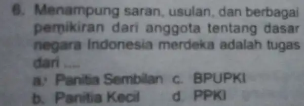 6. Menamp ung saran, us ulan, dan b erbagai pemikira n dari anggo ta tentang dasa negara Indones ia merde ka ad alah tugas