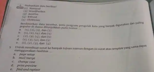 6 Perhatikan data berikut! (1) Notepad (2) WordPerfect (3) AmiPro (4) KWord (5) ChiWriter Berdasarkan data jenis program pengolah kata yang banyak digunakan dan