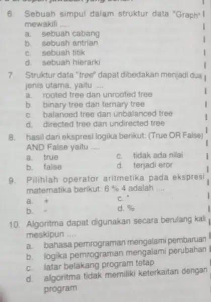 6. Sebuah simpul dalam struktur data "Graph" mewakili __ a. sebuah cabang b. sebuah antrian C. sebuah titik d. sebuah hierarki I 7. Struktur