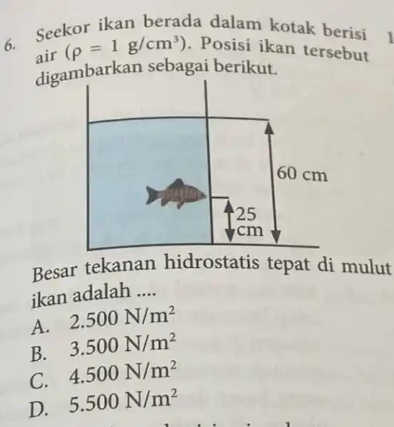 6. Seekor ikan berada dalam kotak berisi (rho =1g/cm^3) . Posisi ikan tersebut digambark an sebagai berikut. Besar tekanan hidrostatis tepat di mulut ikan