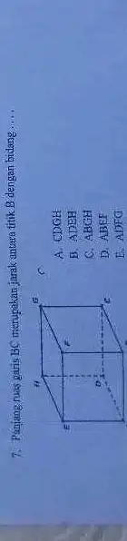 7. Panjang ruas garis BC merupakan jarak antara titik B dengan bidang __ A. CDGH B. ADEH C. ABGH D. ABEF E. ADFG