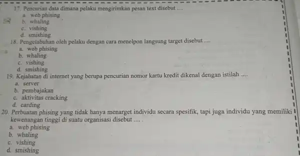 78 17 . Pencurian data dimana pelaku mengirimkan pesan text disebut __ a. web phising b . whaling C vishing d.smishing 18 . Pengelabuhan