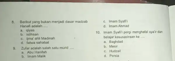 8. Berikut yang bukan menjadi dasar madzab Hanafi adalah __ a. qiyas b. istihsan c. ijma'ahli Madinah d. fatwa sahabat 9.Zufar adalah salah satu