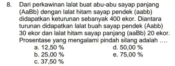 8. Dari perkawinan lalat buat abu-abu sayap panjang (AaBb) dengan lalat hitam sayap pendek (aabb) didapatkan keturunan sebanyak 400 ekor. Diantara turunan didapatkan lalat