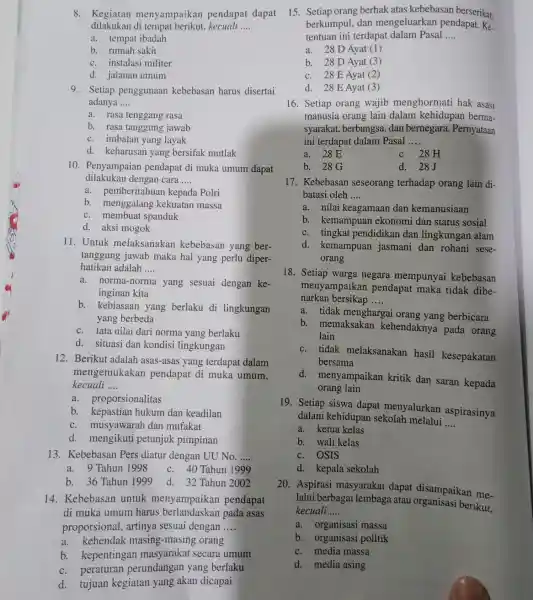 8. Kegiatan menyampaikan pendapat dapat dilakukan di tempat berikut, kecuali __ a. tempat ibadah b. rumah sakit c. instalasi militer d. jalanan umum 9.Setiap