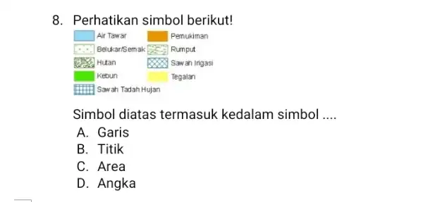 8. Perhatikan simbol berikut! square square square square square square square Simbol diatas termasuk kedalam simbol __ A. Garis B. Titik C. Area D.