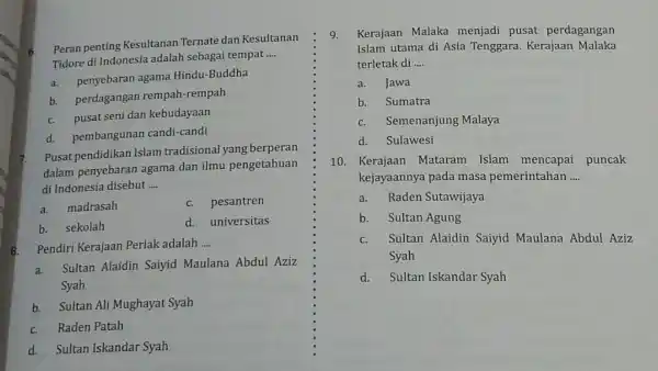 8. 6. Peran penting Kesultanan Ternate dan Kesultanan Tidore di Indonesia adalah sebagai tempat __ a. penyebaran agama Hindu -Buddha b. perdagangan rempah -rempah