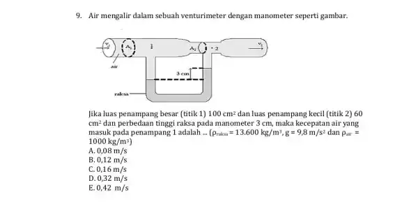 9. Air mengalir dalam sebuah venturimeter dengan manometer seperti gambar. v. fl square Jika luas penampang besar (titik 1) 100cm^2 dan luas penampang kecil