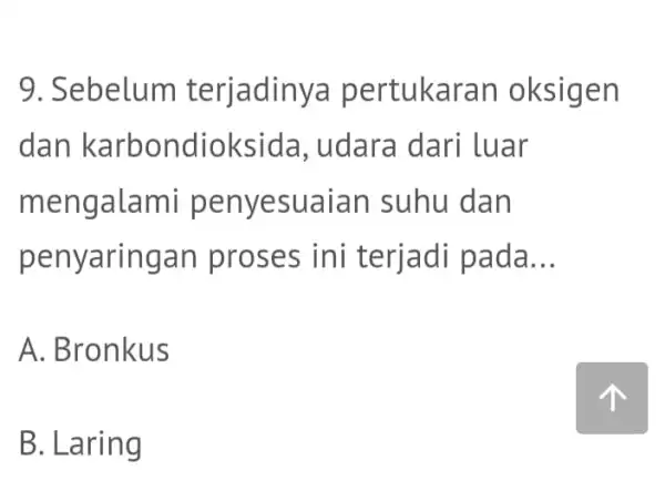 9. Sebelum terjadiny a pertukaran oksigen dan ioksida, udara dari luar mengalami penyesuaian suhu dan penyaringan proses ini terjadi pada __ A. Bronkus B.