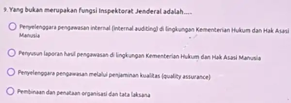 9. Yang bukan merupakan fungsi Inspektorat Jenderal adalah __ Penyelenggara pengawasan internal (internal auditing) di lingkungan Kementerian Hukum dan Hak Asasi Manusia Penyusun laporan