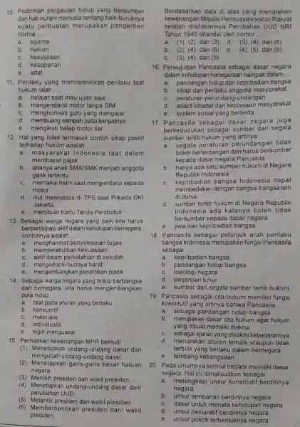 a. agama b hukum c. kesusilaan d. kesopanan e. adat 11. Perilaku yang mencerminkar perilaku taat hukum ialah __ a. belajar saat mau ujian