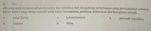 ahli yang mem,bedakan antara discovery dan invention dari sisi motivasi serta tujuan yang menunjukan adanya faktor- faktor yang mempengaruhi yaitu faktor kesempatan, penilajan kebutuhan