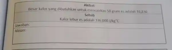 Akibat Besar kalor yang dibutuhkan untuk mencairkan 50 grames adalah 16,8 kJ Sebab Kalor lebur es adalah 336.000J/kg^circ C Jawaban: square