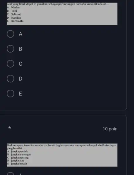 Alat yang tidak dapat di gunakan sebagai perlindungan dari abu vulkanik adalah __ A. Masker B. Topi C. Selimut D. Handuk E. Kacamata A