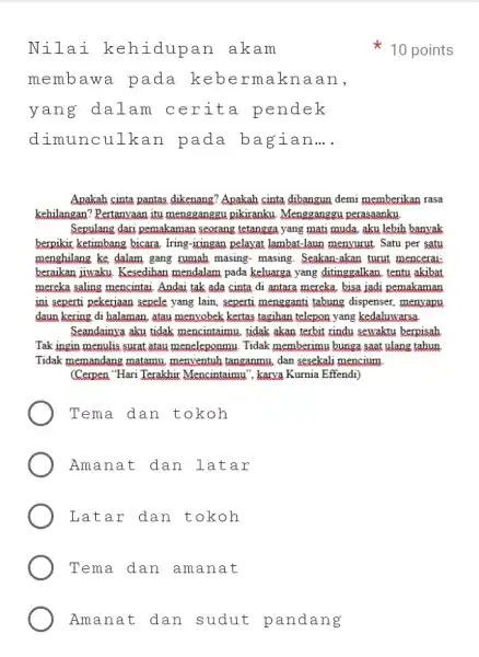 Amanat dan sudut pandang Nil ai kehidupan akam membawa pada rmaknaan, yang dalam cerita pendek dim unculkan pada bagian __ Apakah cinta pantas dikenang