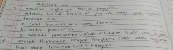 Amatilah lin tingqalmu. catatlah hal-F menanam tanaman obat a. Jenis tanaman obat ditanam. b. media penanaman. c. maks ud 3. Apakah ling kungan tem