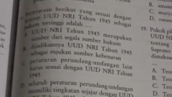 an, lar as pernyat UUD NRI Tahun ruai dengan pokum tertinggi adalah __ rertinggi adalah ....1745 sebagai sumber dari segala sumber hukum sumber dari