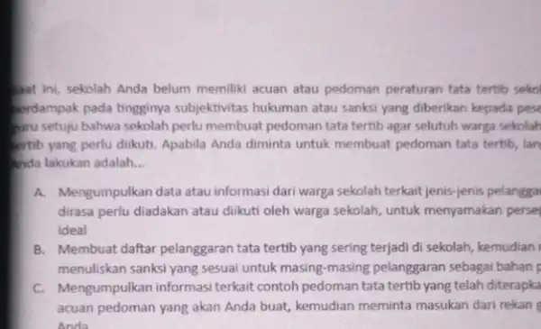 ant ini, sekolah Anda belum memiliki acuan atau pedoman peraturan tata tertib sekol perdampak pada tingginya subjektivitas hukuman atau sanksi yang diberikan kepada pese