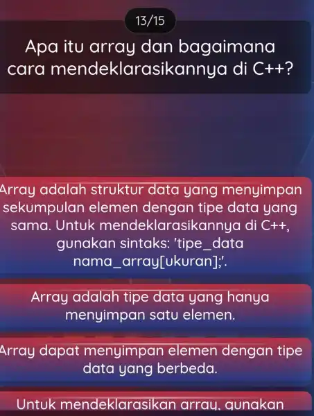 Apa itu array dan ba gaimana cara mendek larasikannya di C++ Array adalah struktur data yang menyimpan sekumpulan elemen dengan tipe data yang sama