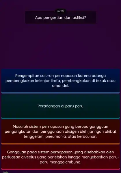 Apa pengertian dari asfiksi? empitan saluran pernapasan karena adanya pembengkakan kelenjar limfa , pembengkakan di tekak atau amandel. Peradangan di paru paru Masalah sistem