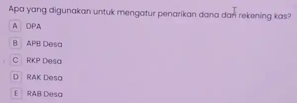 Apa yang digunakan untuk mengatur penarikan dana dari rekening kas? A DPA B APB Desa C RKP Desa D RAK Desa E RAB Desa