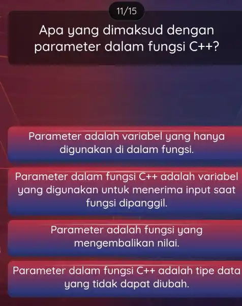 Apa yang dimaksud dengan paramet er dalam fungsi C++ Parameter adalah variabel yang hanya digunakan di dalam fungsi. Parameter dalam fungsi C++ adalah variabel