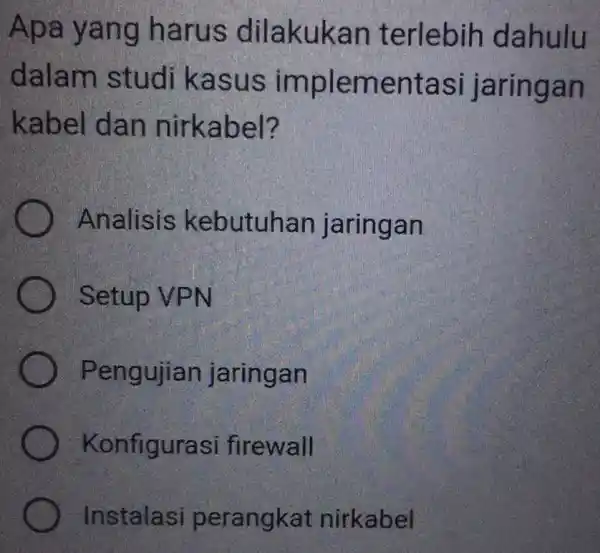 Apa yang ha rus dilakuk an te rlebih da hulu dalam studi kas ement asI jaringan kabel dan nirkabel? Analisis kebutuhan jaringan Setup VPN