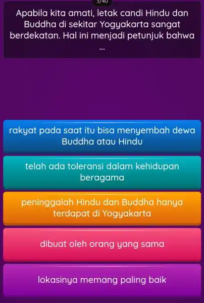 Apabila kita amati, letak candi Hindu dan Buddha di sekitar Yogyakarta sangat berdekatan . Hal ini menjadi petunjuk bahwa rakyat pada saat itu bisa