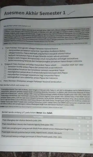 Asesmen Akhir Semester 1 Teks berikut untuk soal nomor 1-3. Frans Kaislepo, Cubernur Papua keempat pada perlode tahun 1964-1973 dikenal sebagai pahlawan indonesia Timur