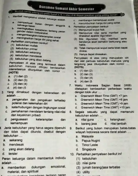 Asesmen Sumatif Akhir Semester Berilah tanda silang (4) pada huruf a, b, c atau d di depan Jawaban yang paling benar! 1. Manfaat mengetahui