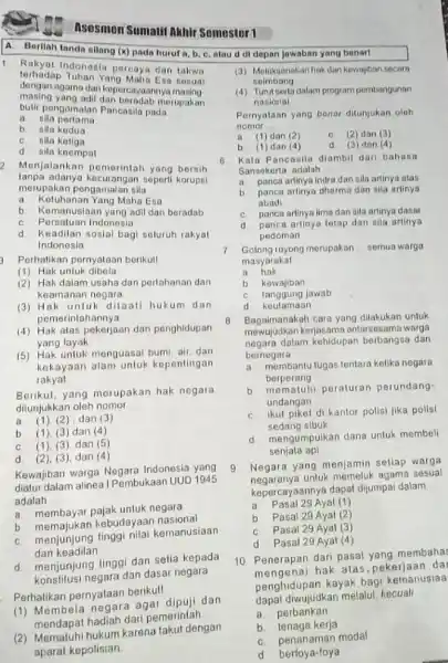 Asesmen Sumatif Akhir Semoster 1 A. Berilah tanda silang (x) pada huruf a b, c, ataud di depan jawaban yang benart 1 Rakyat Indonesia