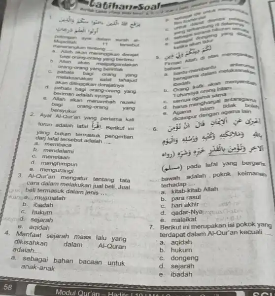 atihan .soal reads hered a. a ","B":" f potongan ayat dalam surah al- Mujadilah 11 tersebut mener angkan tentang __ a. Allah akan meninggikan