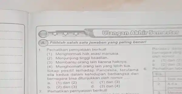 . AVE A.)Pilihlah salah satu jawaban yang paling benar! 1.Perhatikan pernyataan berikut! (1) Menghormati hak asasi manusia. (tinggi keadilan. (a) Membantu orang lain karena