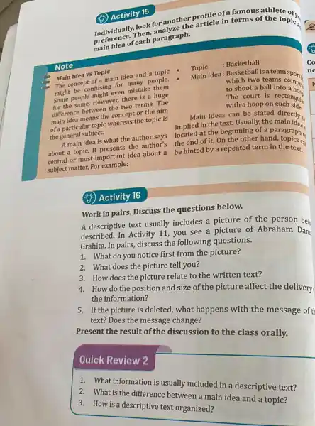 (B) Activity 15 maividually look for another profile ofa famous athlete or. preference. Then, analyze the article in terms of the topic main idea