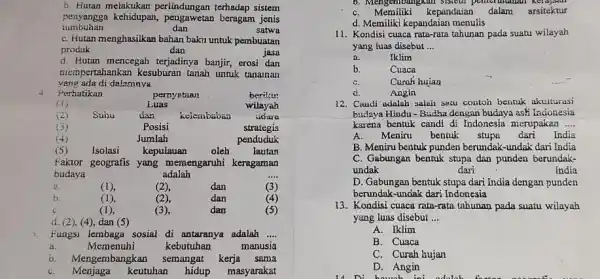 b. Hutan melakukan perlindungan terhadap sistem tumbuhan dan satwa penyangga kehidupan beragam jenis C. Hutan menghasilkan bahan baku untuk pembuatan produk dan jasa d.