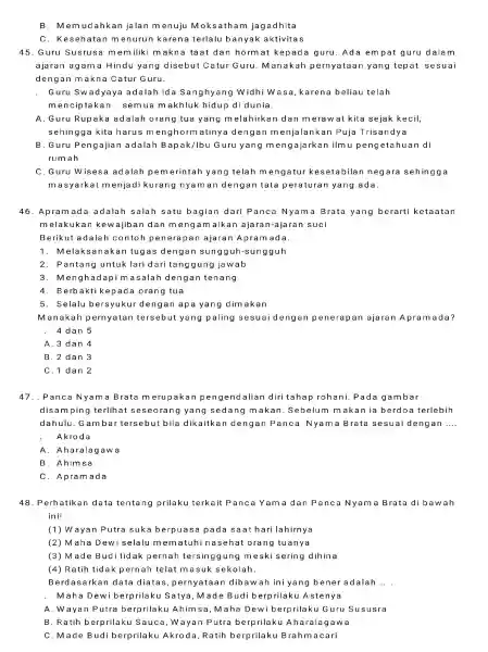 B. M emudahkar jalan menuju Moksatham jagadhita C . Kesehatan m enurun karena terlalu banyak aktivitas 45. Guru Susrusa memilik makna ta at dan