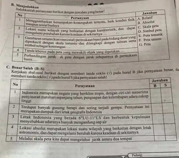 B. Menjodohkan Jodohkanlah pertanyaan berikut dengan jawaban yang benar! Jawaban A. Relatif Lokasi suatu wilayah yang berkaitan dengan karakteristik, dan dapat mengalami perubahan karena