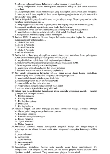 B. saling menghormati bahwa Tuhan menciptakan manusia berkaum-kaum C. salinge menghomati bahwa keberagaman merupakan kekayaan hati untuk menerima perbedaan D. saling menghormati antara pendiri