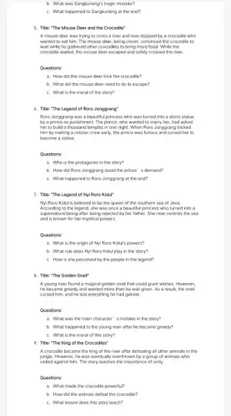 b. What was Sangkuriang!s tragic mistake? c. What happened to Sangkuriang at the end? 5. Title: "The Mouse Deer and the Crocodile" A mouse