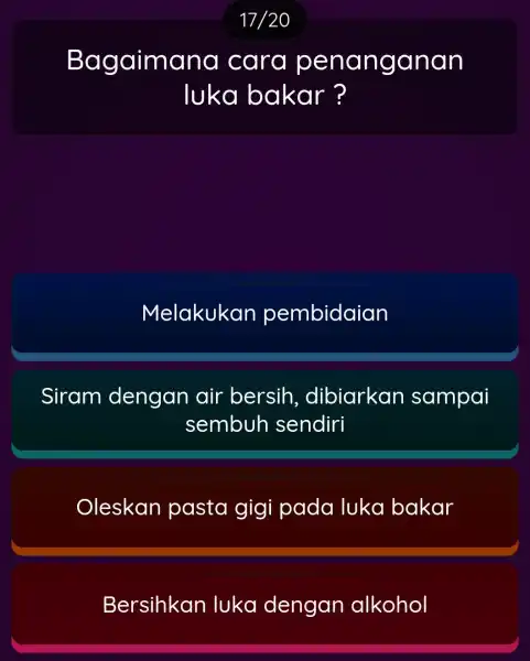 Ba gaimana cara penanganan luka bakar ? Melakukan pembidaian Siram dengan air bersih , dibiarkan sampai sembuh sendiri Oleskan pasta gigi pada luka bakar