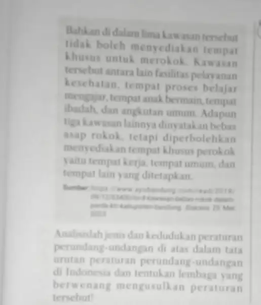 Bahkan di dalam lima kawasan tersebut tidak boleh me nyediakan tempat khusus untuk merokok Kawasan tersebut antara lain fasilitas pelayanan kesehatan, tempat proses belajar