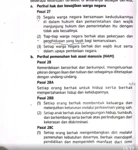 Beberapa ketentuan tersebut ur antaranya sebagai berikut. a. Perihal hak dan kewajiban warga negara Pasal 27 (i) Segala warga negara bersamaan kedudukannya di dalam