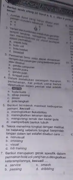 benart bendah tanda silang (x) hunur a, b, is a. Malui eleh a. anin roundars sebanyat __ b. 5 an? 2 lempar tangkah melakuk